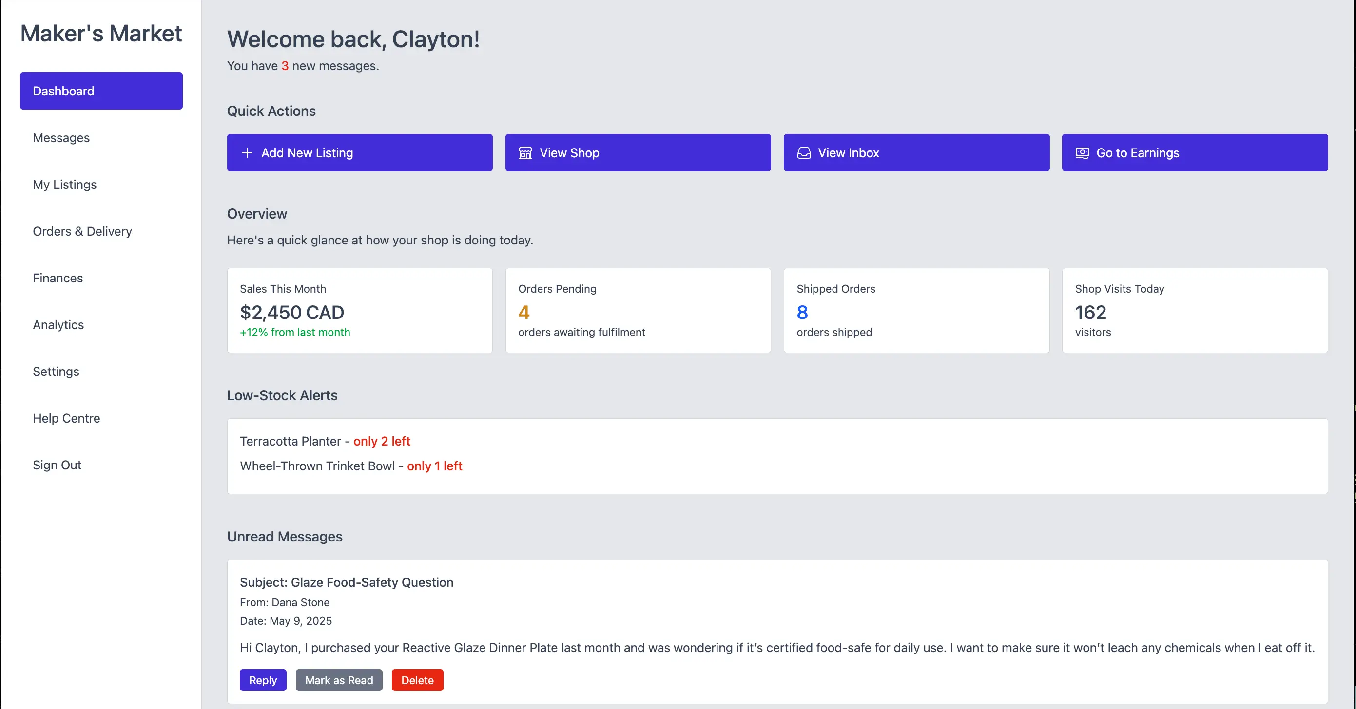 Maker's Market Dashboard UI preview